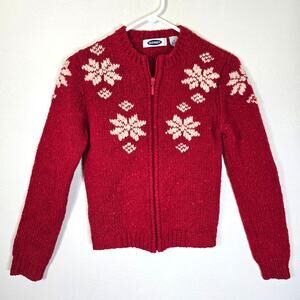 Old Navy Snowflake Zip Up Cardigan Women's S Wool Red White Winter Scandi Girl
